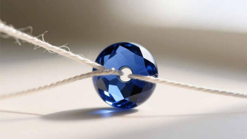 Macro shot of sapphire bead necklace knotting, fine French silk thread passing through a precisely drilled 1mm bead hole