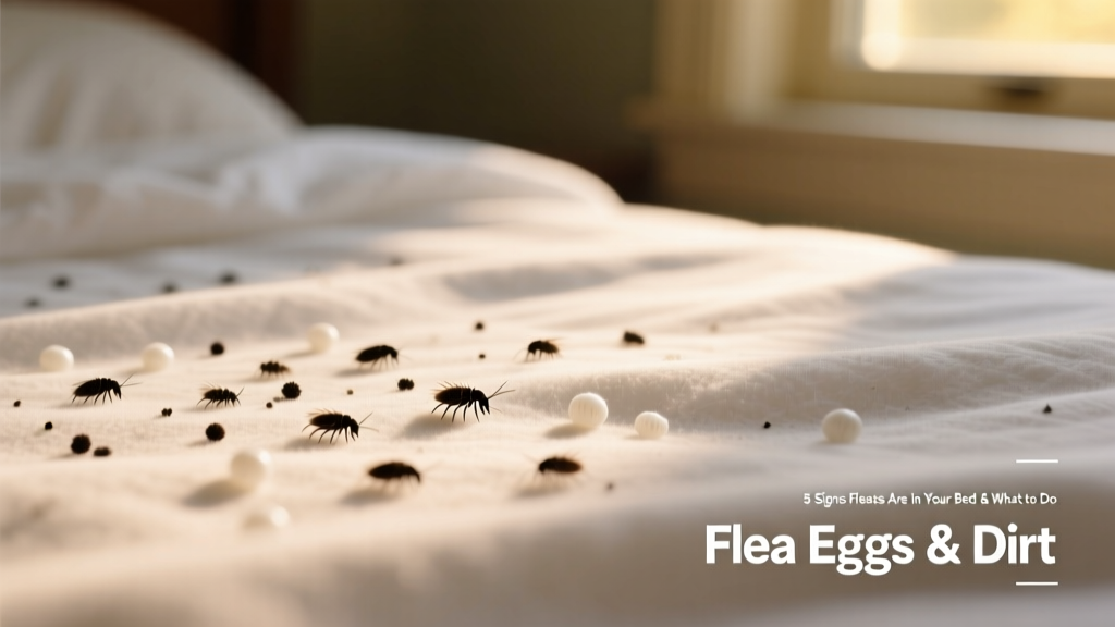 Macro photo of flea dirt and tiny white flea eggs on white cotton sheet fabric