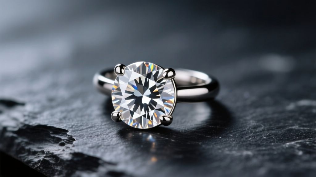 Macro photography of a 4-carat round brilliant diamond earring set in a six-prong platinum basket, resting on dark slate.