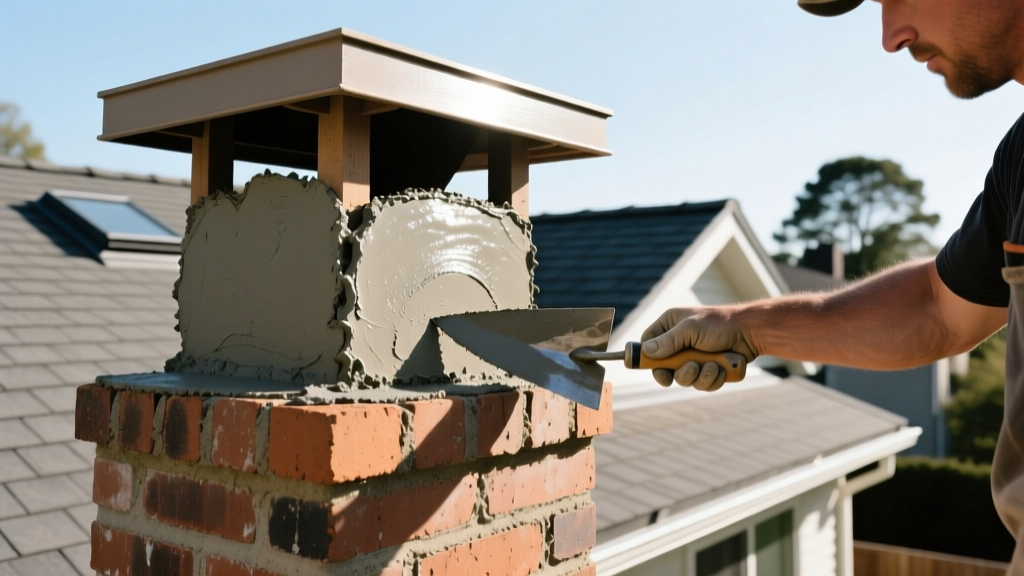 Close-up of a mason troweling smooth Portland cement concrete onto a brick chimney crown with a drip edge overhang on a sunny residential rooftop.