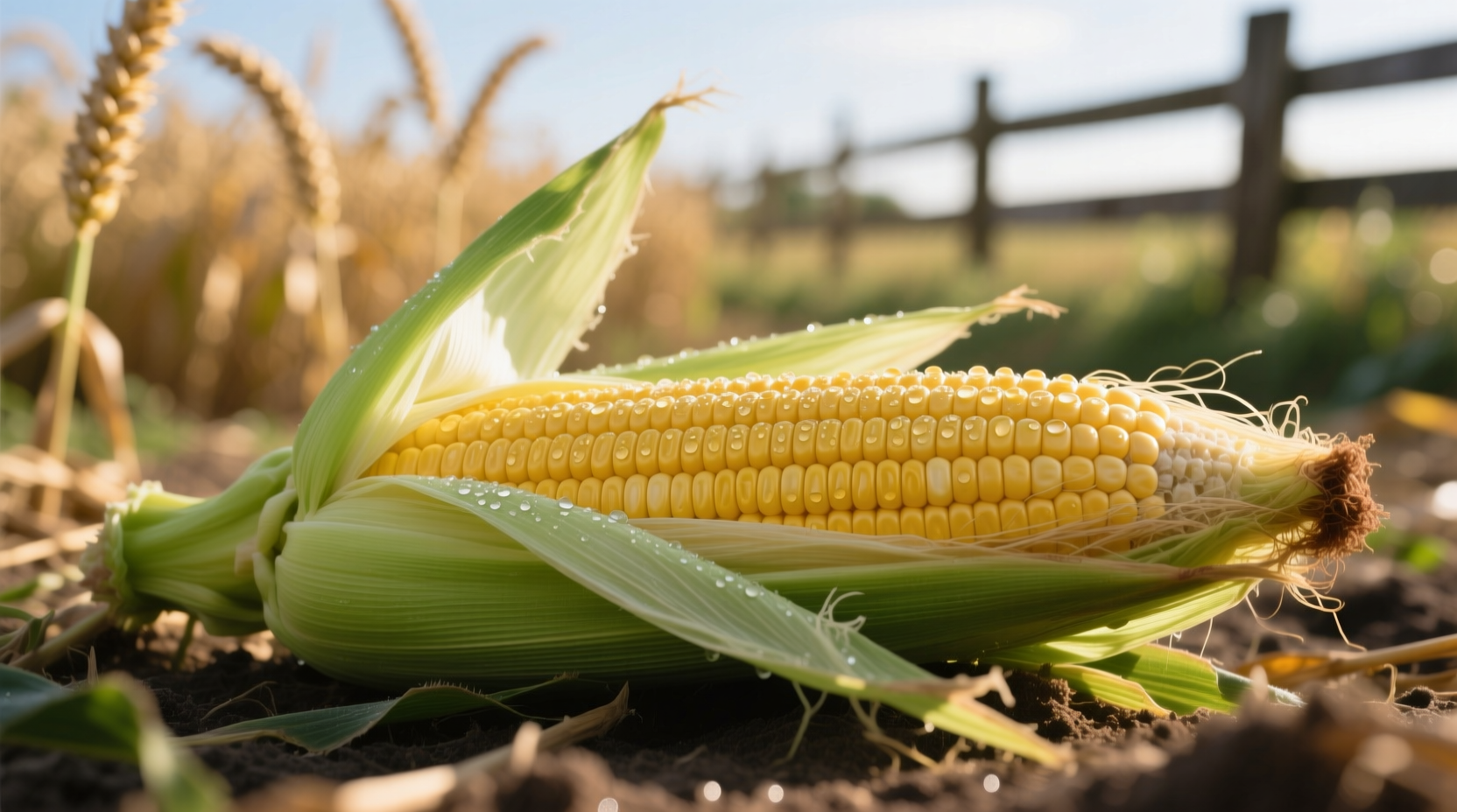 Fresh corn on the cob with husk partially removed