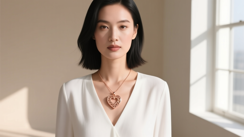 Woman wearing a layered stack with a rose gold Jane Seymour Open Heart pendant over a crisp white V-neck blouse in natural light