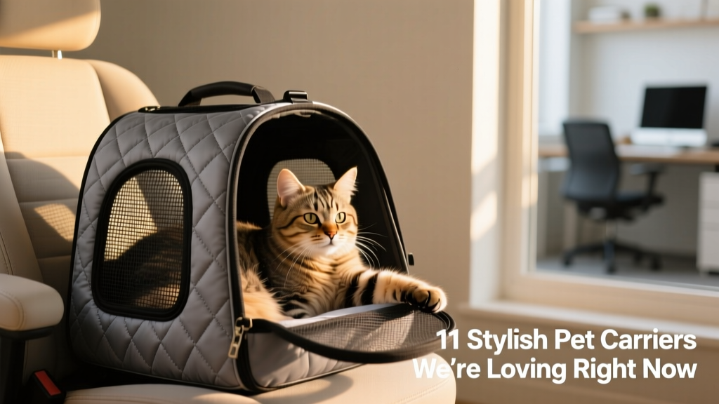 A gray quilted pet carrier with prominent mesh panels, placed beside a sunlit car seat with a relaxed cat resting inside