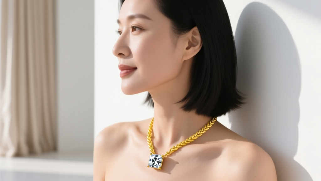 Woman wearing a yellow gold wheat chain with a 1.5-carat radiant cut square diamond pendant, captured from a side profile angle