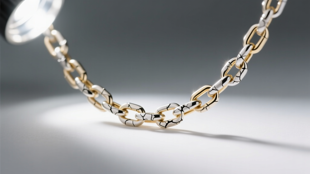 Macro view of a 10k white gold chain showing stress corrosion cracks, illuminated by a bright jeweler