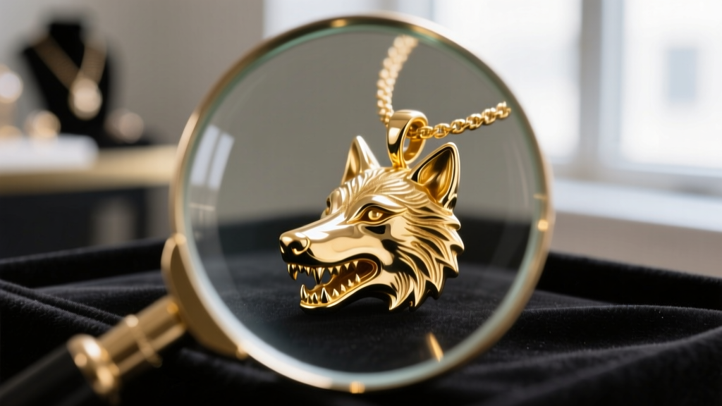 Macro shot of a jewelers loupe examining the intricate snout and teeth details of a raw, unpolished cast gold wolf pendant