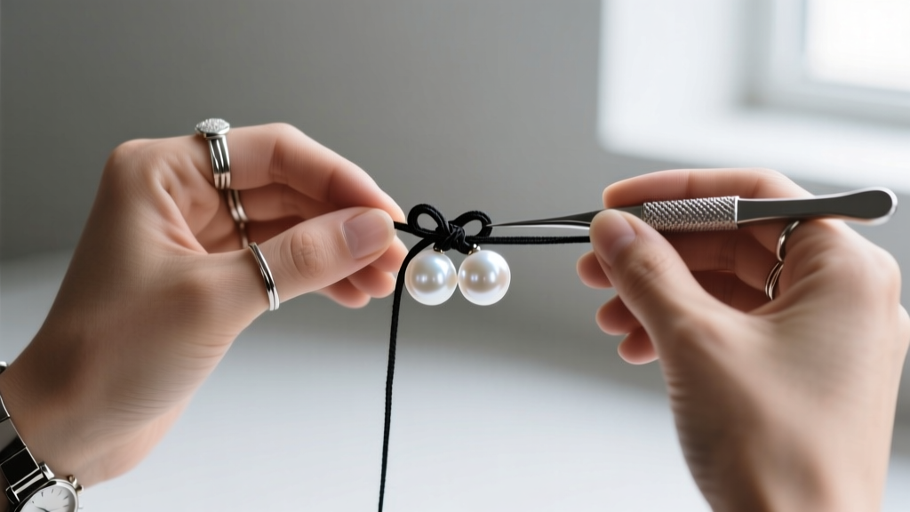 Close-up of a jeweler using a metal tool to tie an overhand knot on size 4 silk thread between two round white Akoya pearls.