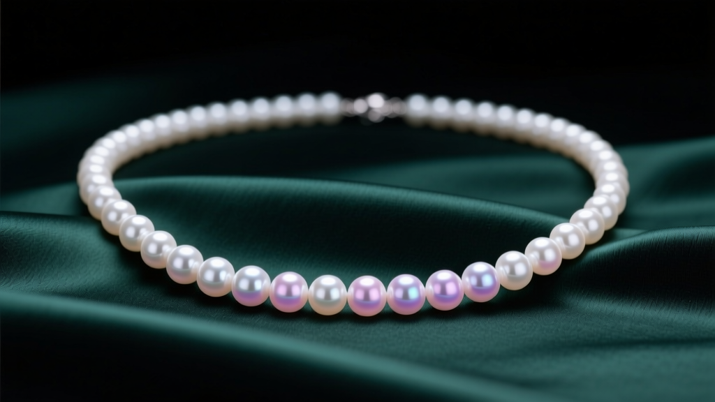 A delicate 16-inch 5mm white Akoya pearl necklace resting on dark emerald silk, soft studio lighting highlighting the high luster.
