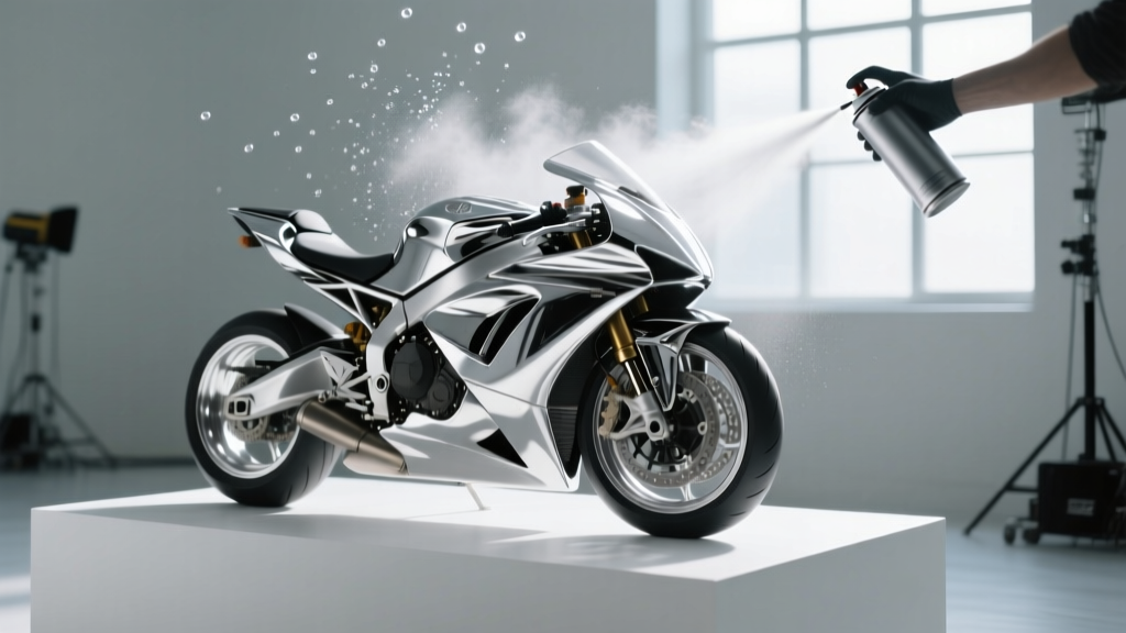 Sublimating 3D scanning spray being applied to a highly reflective chrome motorcycle part to accurately capture geometry.