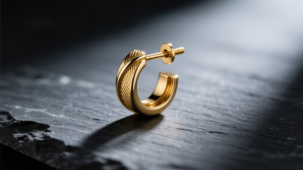 Macro photo of a threadless 14k solid gold earring post resting on dark slate, illuminated by soft, moody studio lighting