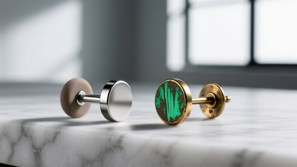 Side view of a 20-gauge titanium earring post with a silicone back, beside a tarnished brass post showing green oxidation.