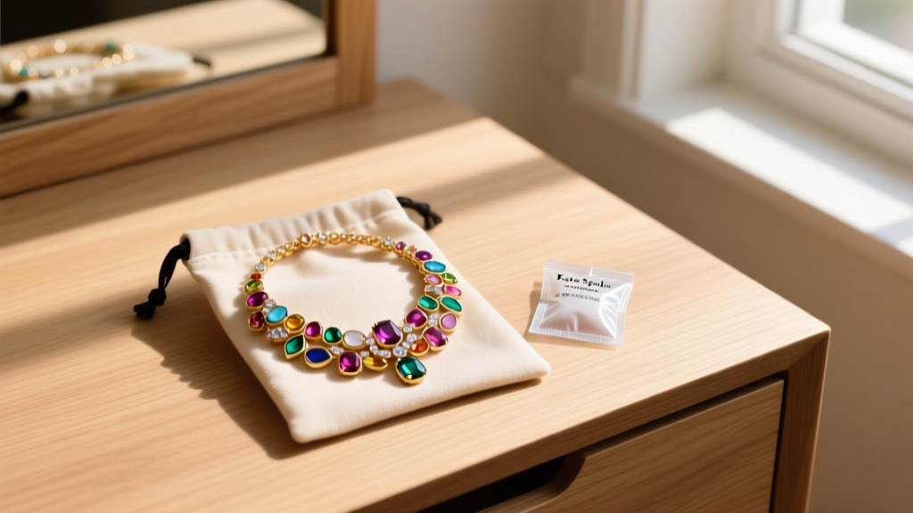 A Kate Spade multicolor necklace stored inside an anti-tarnish cloth pouch next to a silica gel packet on a light wooden vanity.