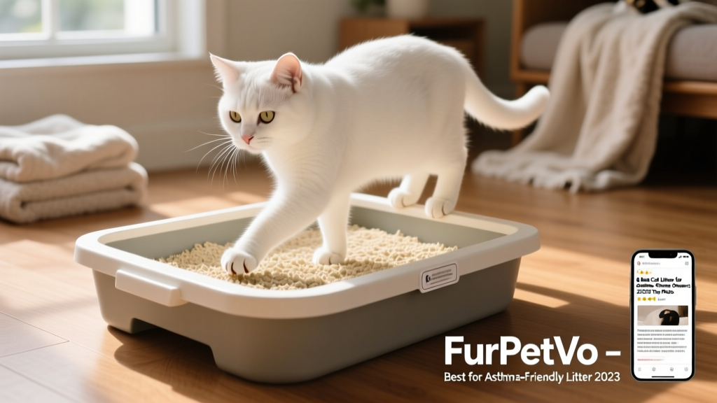 Close-up of a cat stepping confidently into a clean litter box filled with pale beige, fine-textured FurPetVo litter