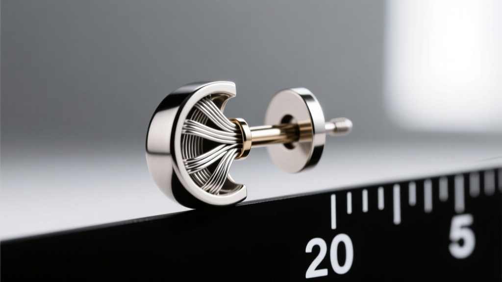Macro photography of an implant-grade titanium earring post showing internal micro-wiring and a 20-gauge thickness scale.