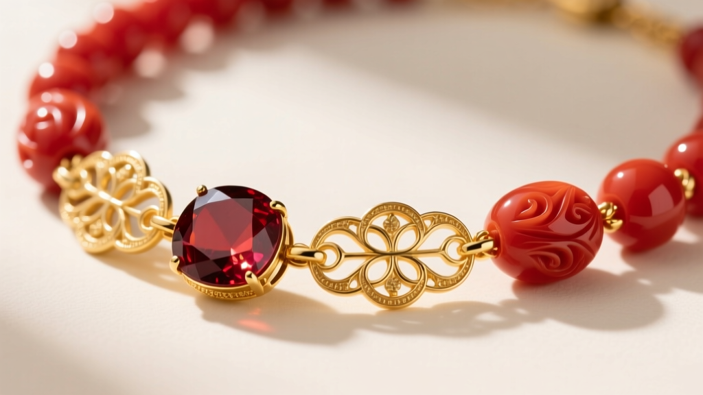 Macro photo of an Andalusian Spanish necklace with carved red coral beads and intricate 18k yellow gold filigree links