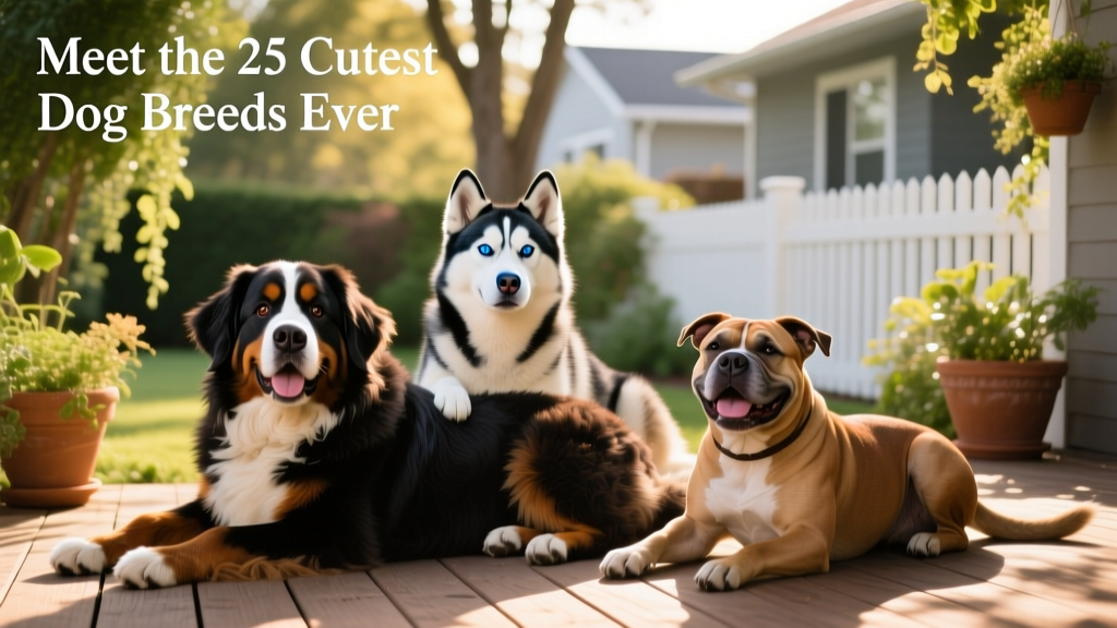 A diverse group of medium and large dogs—including a Bernese Mountain Dog, Husky, and Staffordshire Bull Terrier—relaxing happily together on a wooden deck surrounded by greenery