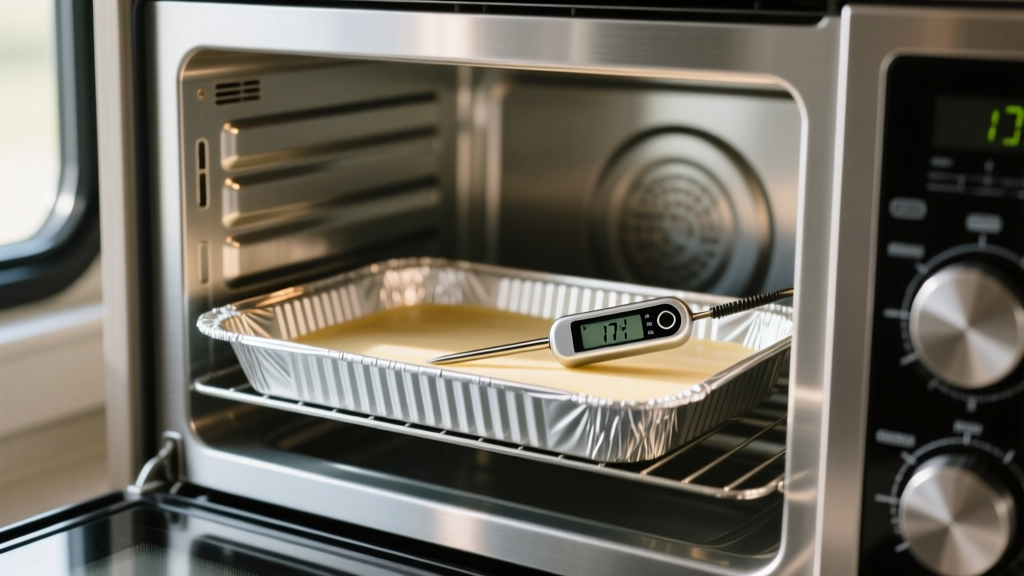 Digital oven thermometer probe resting inside a compact 17-inch RV convection oven next to a half-sheet aluminum baking pan