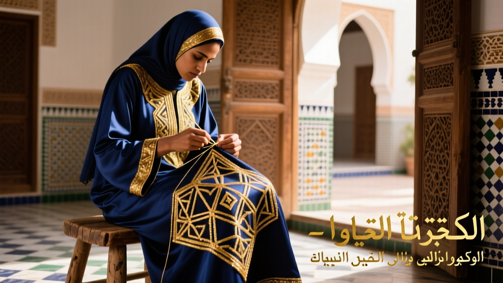 Moroccan Kaftan Embroidery With Gold Thread And Geometric Motif Transfer