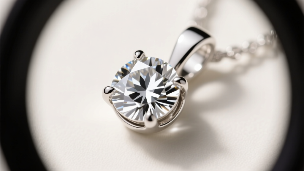 Loupe view of a 0.25ct round diamond pendant in 14k white gold bezel, showing minor carbon inclusions and polished facet edges