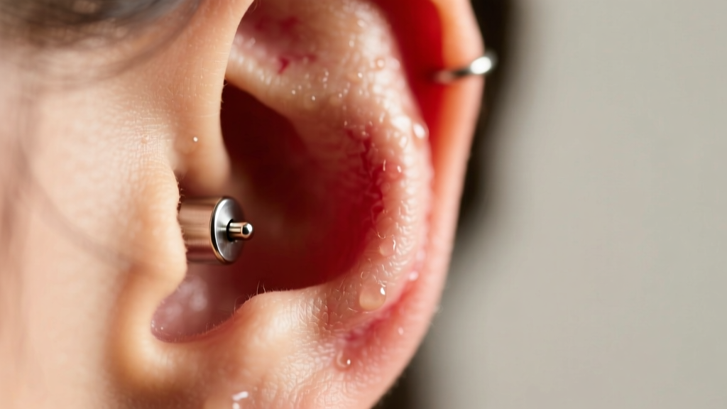 Macro shot of an irritated earlobe piercing with a titanium stud, under soft clinical light against a blurred background.