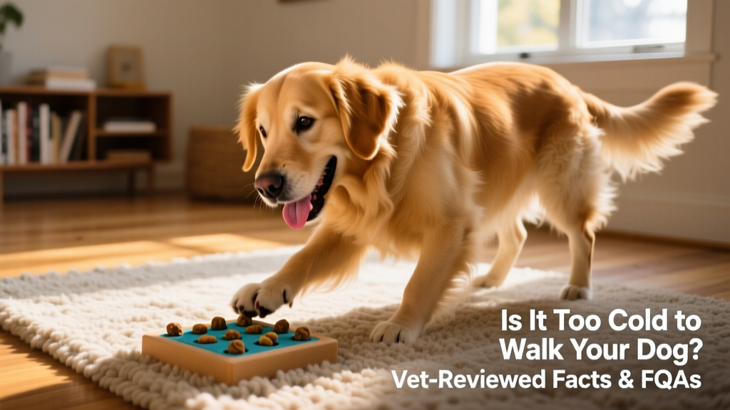 A golden retriever playing with a treat puzzle toy on a rug indoors, looking engaged and happy