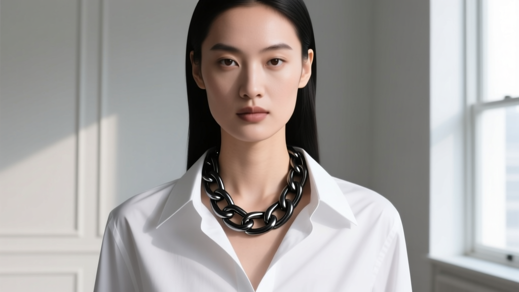Editorial shot of a model wearing a thick 10mm matte black titanium Chicago link necklace over a crisp white button-down shirt