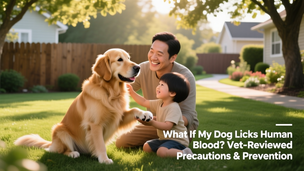 Family photo showing a smiling adult and child gently petting their calm, well-groomed dog outdoors