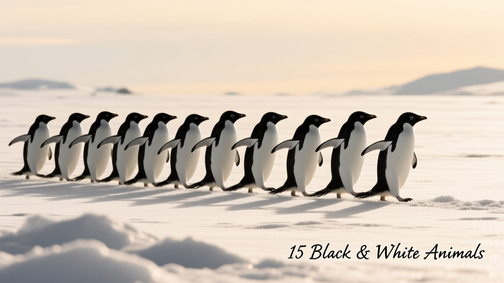 Adélie penguins walking in single file across snowy landscape
