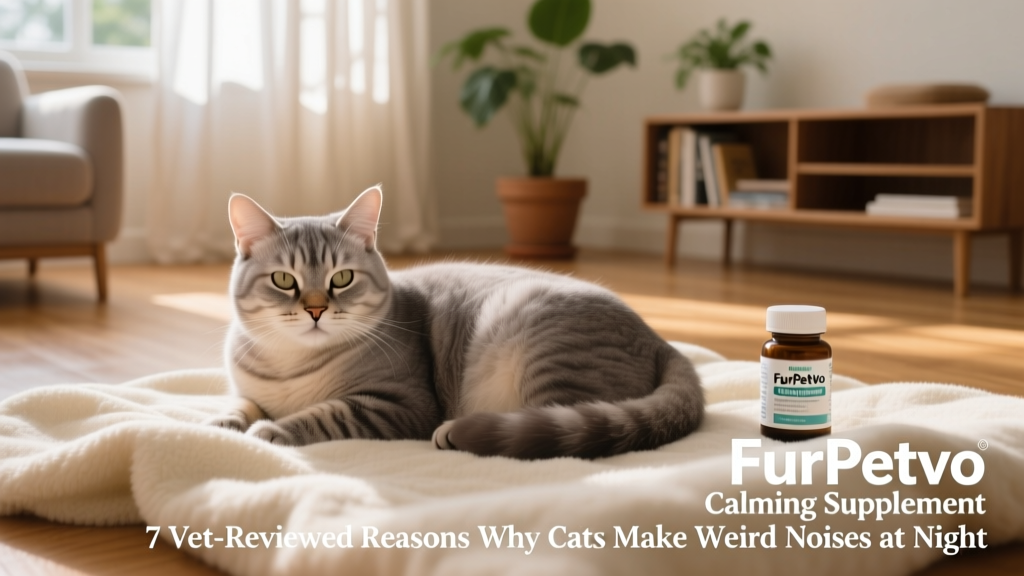 Calm, senior cat sleeping comfortably in a softly lit room with a FurPetVo calming supplement bottle visible on a nearby shelf