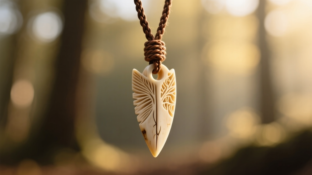 Macro photography of a carved bone arrowhead pendant showing natural texture, suspended on a braided leather cord in sunlight.