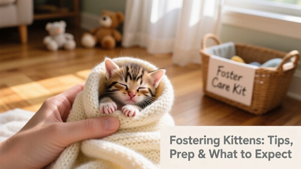 A gentle hand holding a tiny, sleeping neonatal kitten wrapped in a soft blanket