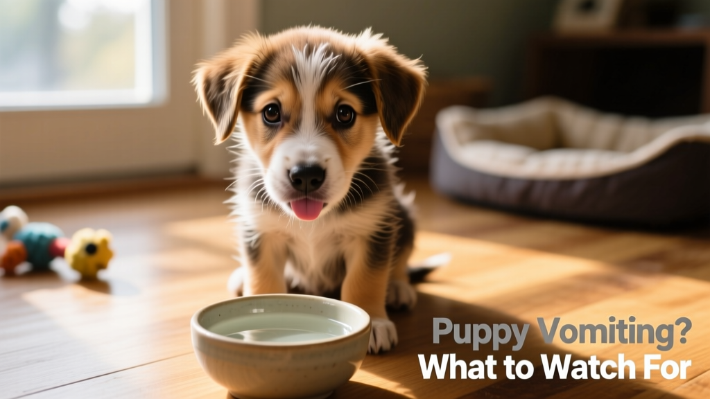 Close-up of a young puppy looking uncomfortable, with a small bowl of water nearby