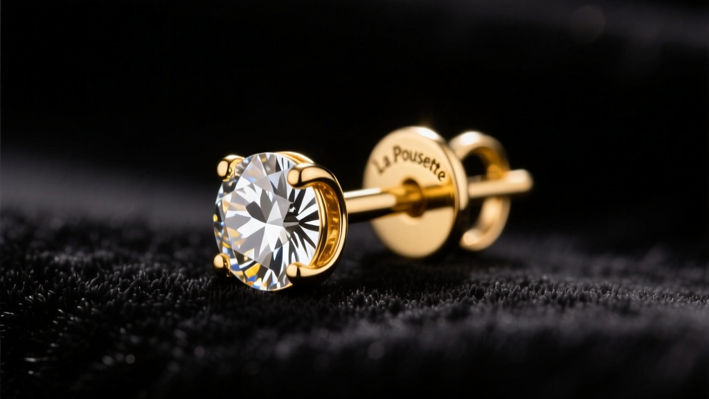 Macro shot of a 14k gold diamond stud earring with a La Pousette locking backing on dark velvet under soft warm lighting.