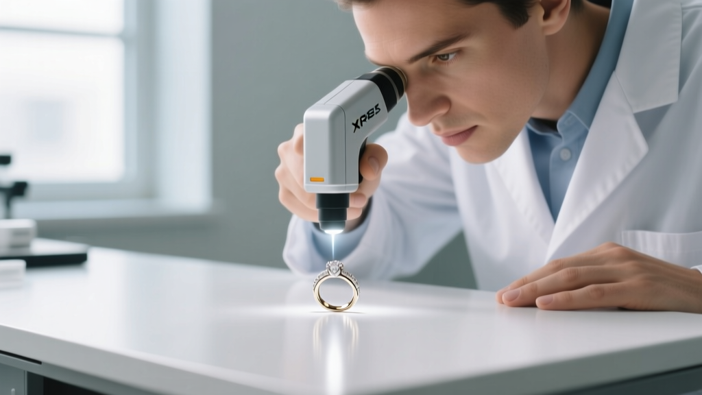 Jeweler using an XRF spectrometer gun to test the purity of a rented 14k white gold engagement ring on a clean white workbench