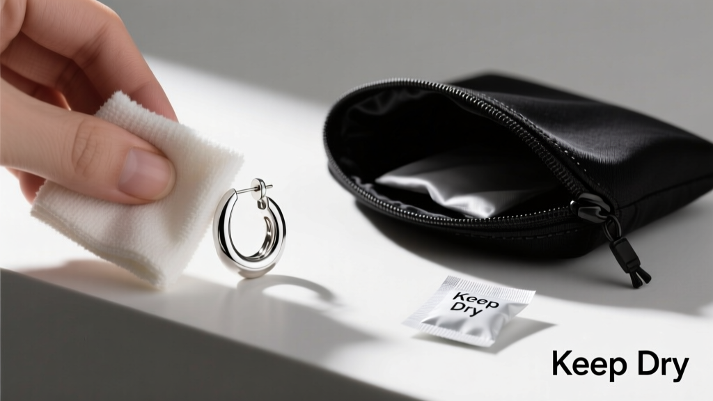 Hands wiping a silver-tone fashion earring with a microfiber cloth beside an anti-tarnish storage pouch and silica gel packet
