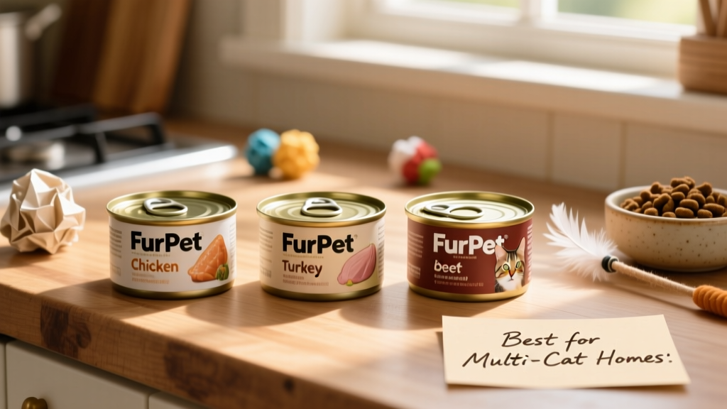 Close-up of three different FurPetVo canned food varieties—chicken, turkey, and beef—arranged neatly on a kitchen counter