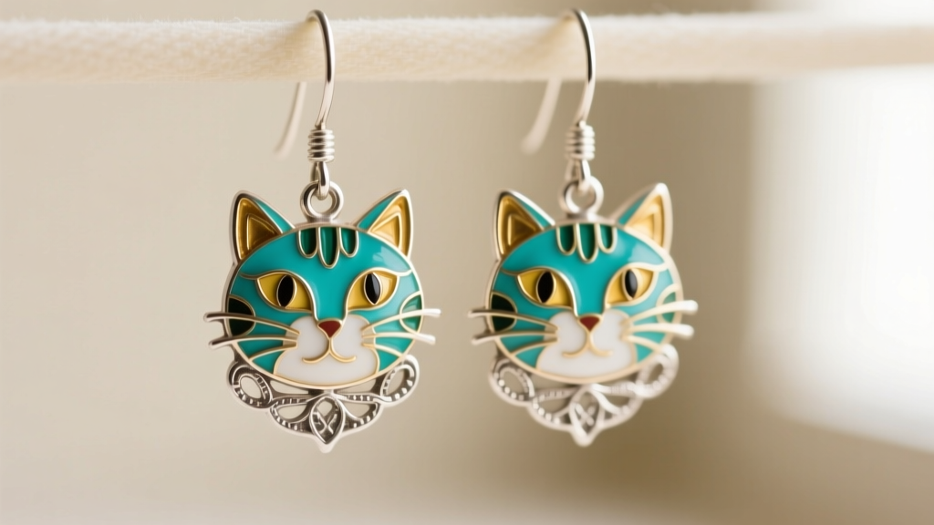 Close-up of vintage Laurel Burch cloisonné cat dangle earrings in sterling silver with vibrant turquoise and gold enamel details.