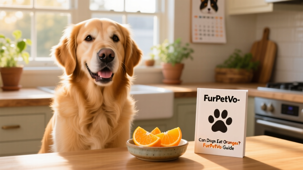 A happy, healthy dog sitting beside a small dish of orange segments and a FurPetVo-branded treat guide booklet