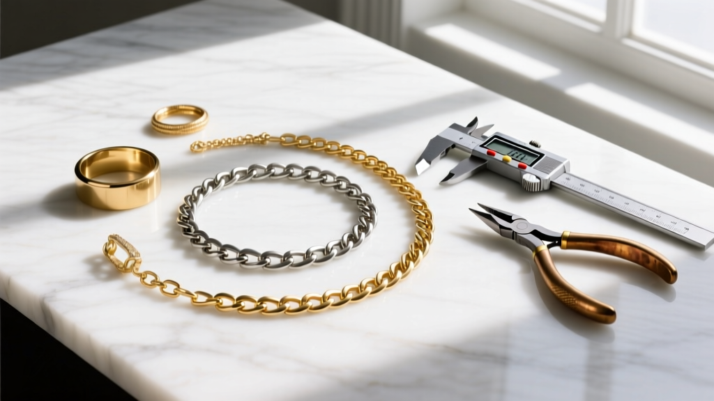 Flat lay of brass, steel, and gold vermeil extender chains on white marble next to digital calipers and jewelry pliers.