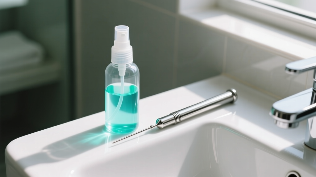 Overhead view of sterile saline spray and a polished steel insertion taper resting on a clean white ceramic bathroom sink surface.