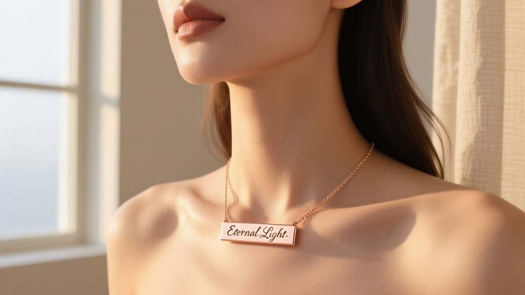 14k rose gold bar necklace with custom cursive engraving on a collarbone, bathed in warm afternoon sunlight from a window