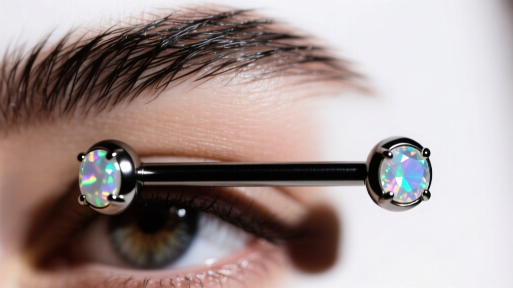 Macro shot of a horizontal eyebrow piercing with a black titanium surface bar and opal ends against soft natural window lighting.
