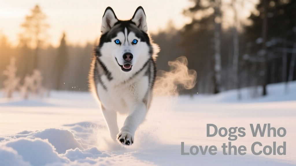 A Siberian Husky trotting confidently through fresh snow with alert expression