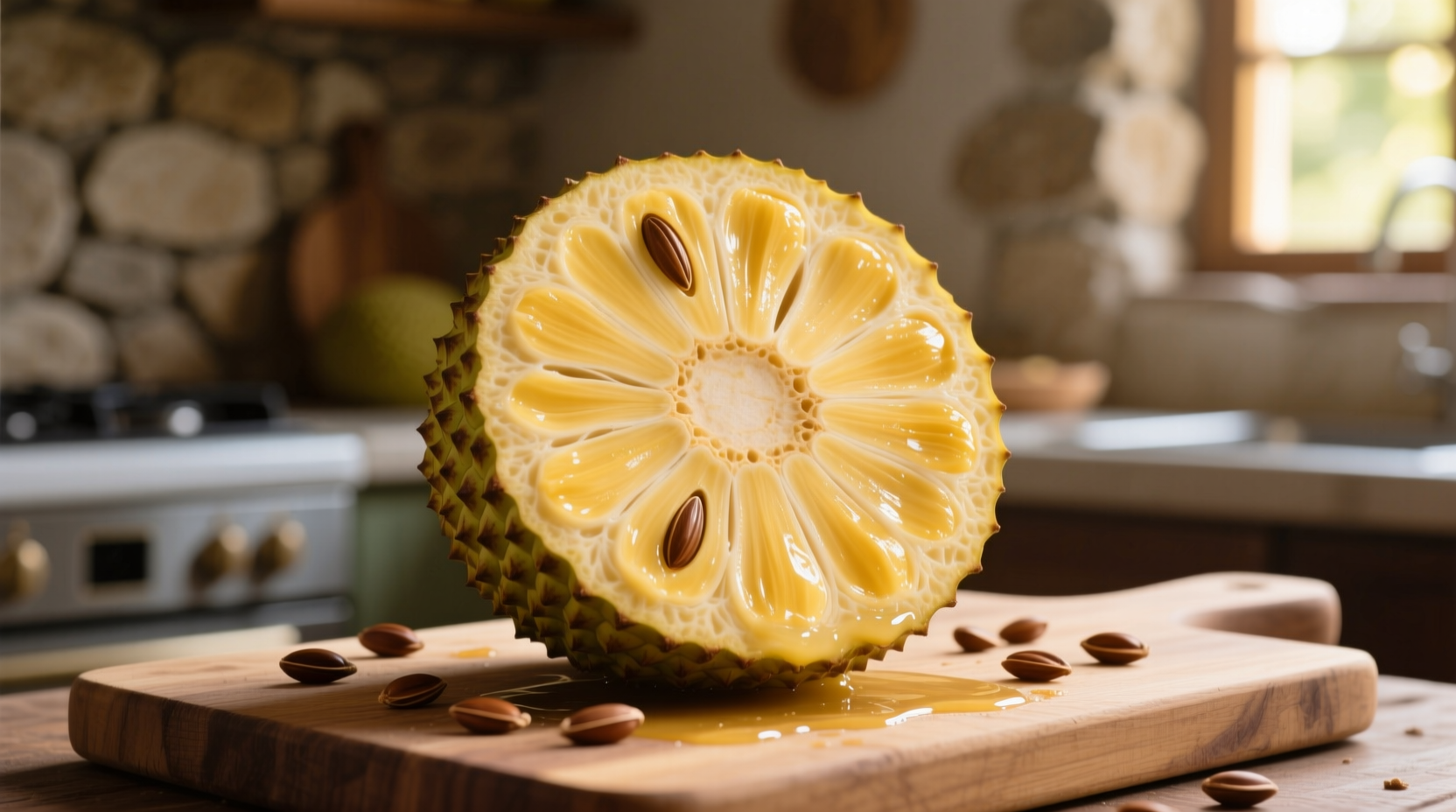 Ripe breadfruit cut open showing creamy yellow flesh