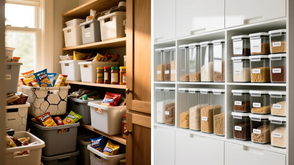 Split view of messy pantry with cheap plastic bins on left and organized modular vacuum-sealed glass container system on right