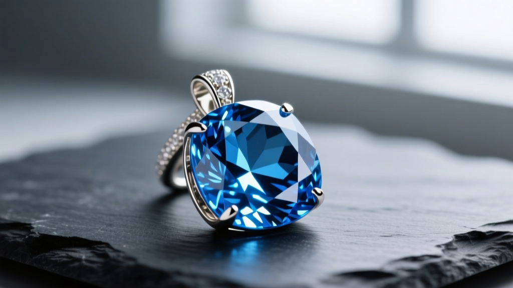 Macro shot of a faceted London blue topaz pendant in 14k white gold on dark slate, highlighting deep blue crystalline inclusions