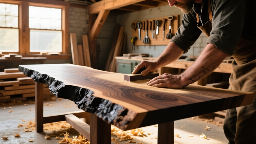 Close-up of a craftsman sanding a live-edge black walnut dining table slab in a sunlit woodworking shop with wood shavings on the floor.