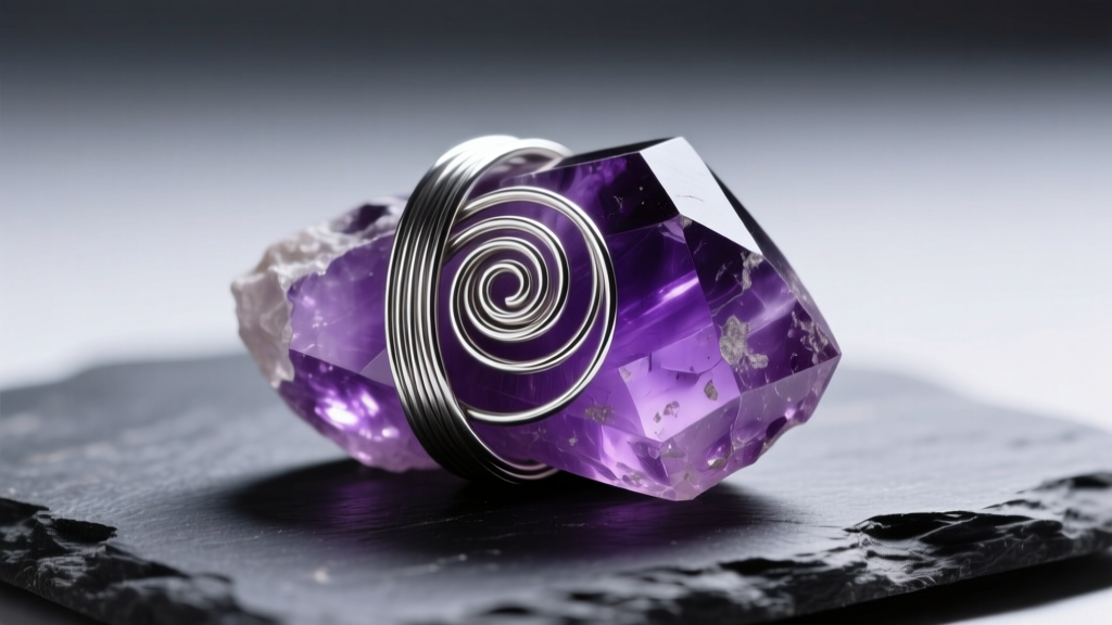 Macro shot of 20-gauge silver wire wrapping a raw amethyst crystal on dark slate under soft directional studio lighting.