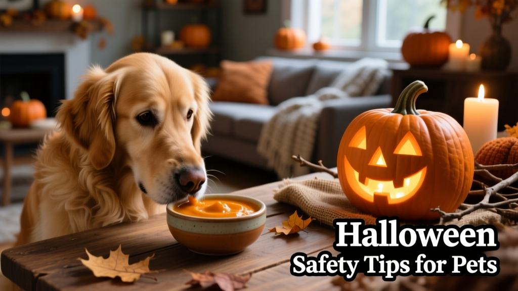 A dog sniffing a small bowl of plain pumpkin puree beside a decorative, flameless LED-lit jack-o'-lantern