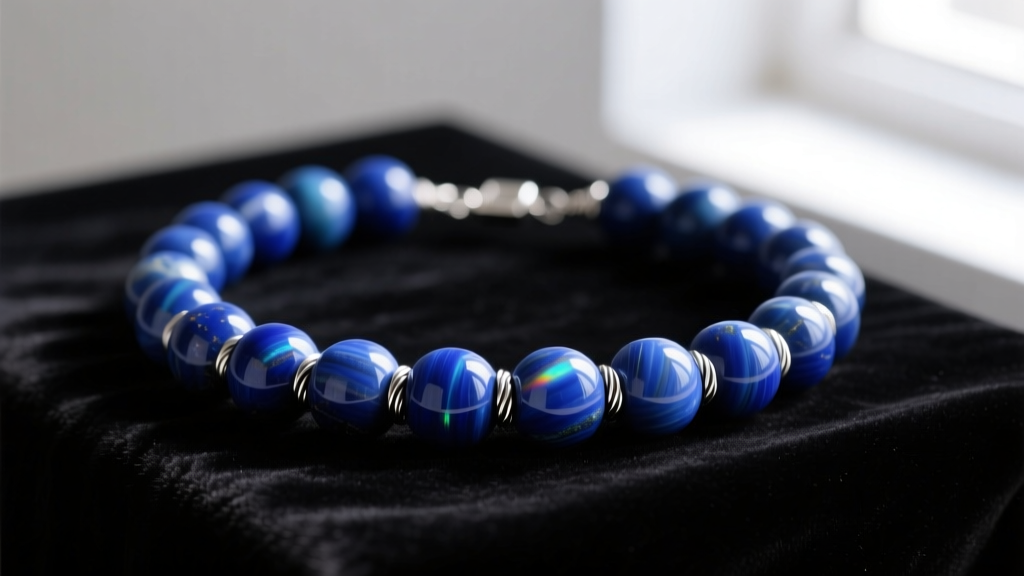 Close-up of a chunky 20mm lapis lazuli beaded necklace on dark velvet, highlighting the polished surface and thick stringing wire.
